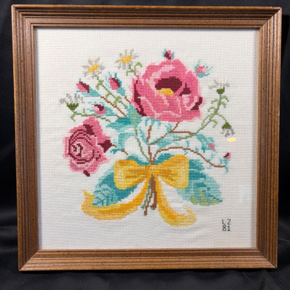 Vintage 1981 Signed LZ Floral Cross Stitch Needlepoint Framed Wood Wall Art 11"